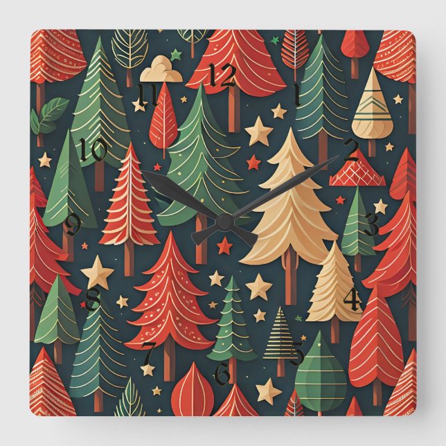 Reloj Cuadrado Patrón de árbol de Navidad ornamental (Anverso)
