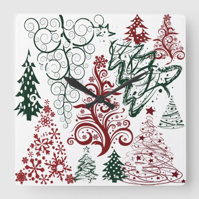 Reloj Cuadrado Patrón de árbol de navidad verde rojo (Anverso)