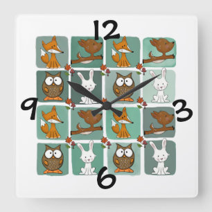 Reloj Cuadrado Patrón de bloques de animales de Woodland