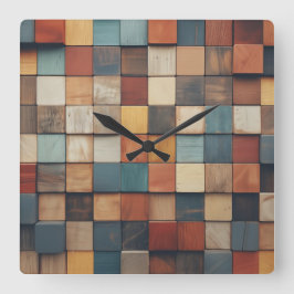 Reloj Cuadrado Patrón de bloques de madera rústicos y coloridos