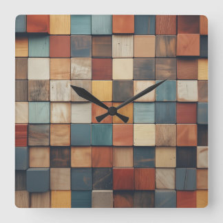 Reloj Cuadrado Patrón de bloques de madera rústicos y coloridos