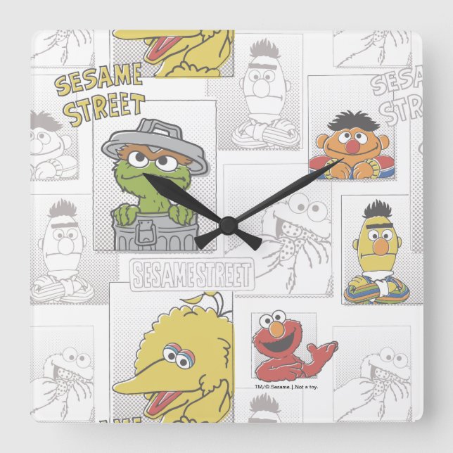 Reloj Cuadrado Patrón de Cómic Antiguo de Barrio Sésamo (Anverso)