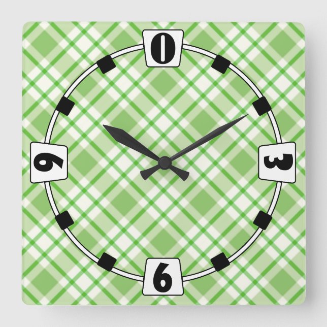 Reloj Cuadrado Patrón de comprobación diagonal verde claro (Anverso)