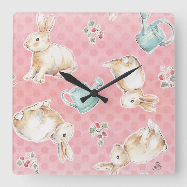 Reloj Cuadrado Patrón de conejitos Springtime (Anverso)