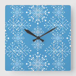 Reloj Cuadrado Patrón de copo de nieve, azul y blanco