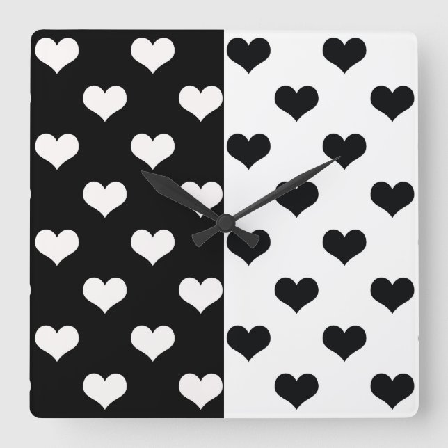 Reloj Cuadrado Patrón de corazón de amor blanco negro (Anverso)