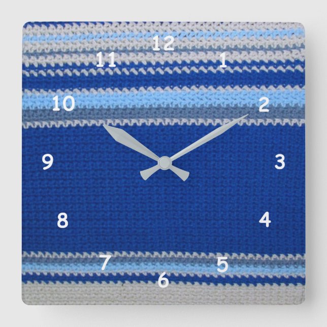 Reloj Cuadrado Patrón de crochet - franjas azules (Anverso)