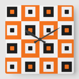 Reloj Cuadrado Patrón de Cuadrados a Cuadros Naranja Negro Blanco