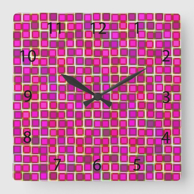 Reloj Cuadrado Patrón de cuadrados rosados abstractos (Anverso)