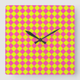 Reloj Cuadrado Patrón de cuadros de diamante rosa amarillo