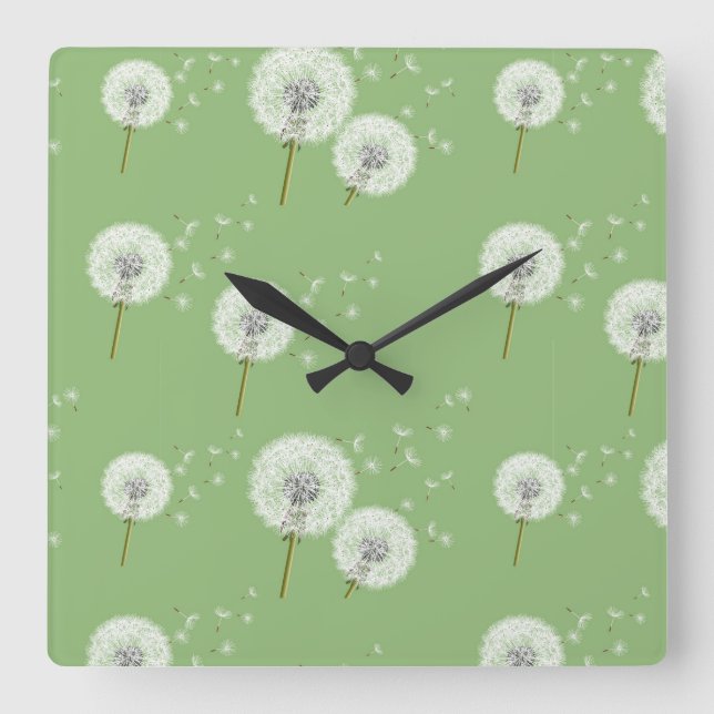 Reloj Cuadrado Patrón de Dandelion sobre fondo verde (Anverso)