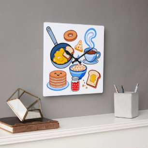 Reloj Cuadrado Patrón de desayuno adorable – Comida Kawaii sin co