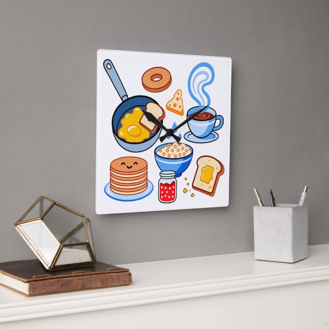 Reloj Cuadrado Patrón de desayuno adorable – Comida Kawaii sin co (Oficina)