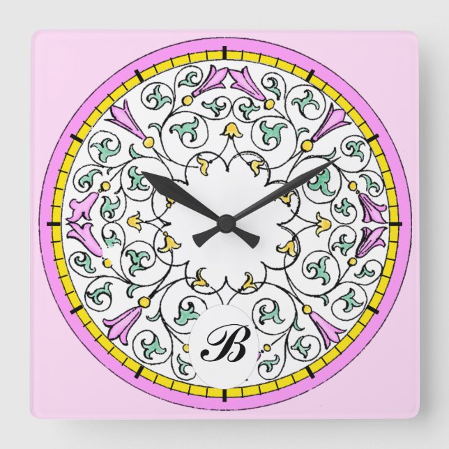 Reloj Cuadrado Patrón de desplazamiento victoriano de flores rosa (Anverso)