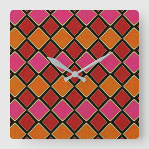 Reloj Cuadrado Patrón de diamante Harlequin vibrante en rojo, nar