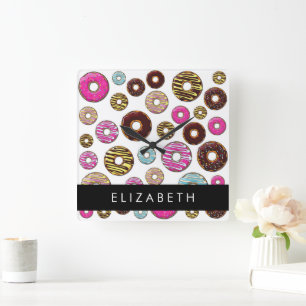 Reloj Cuadrado Patrón De Donuts, Donuts Coloridos, Su Nombre