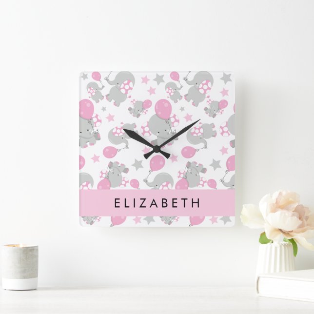Reloj Cuadrado Patrón De Elefantes, Elefantes Cutos, Tu Nombre (Hogar)