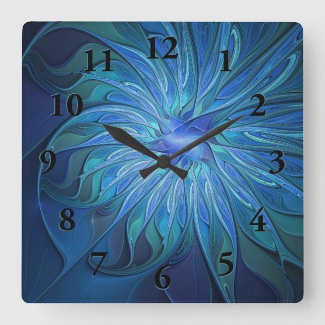 Reloj Cuadrado Patrón de fantasía de flor azul, arte fractal abst (Anverso)