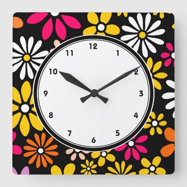 Reloj Cuadrado Patrón de flor amarillo y rosa blanco negro (Anverso)