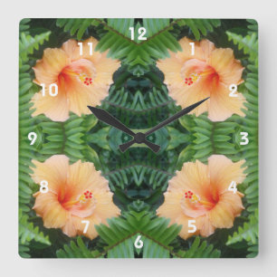 Reloj Cuadrado Patrón de flor de Hibiscus naranja