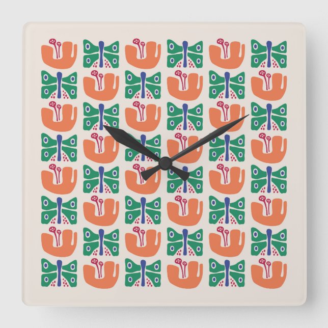 Reloj Cuadrado Patrón de flor de mariposa (Anverso)
