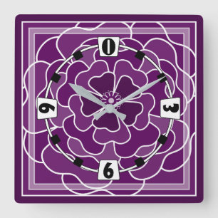 Reloj Cuadrado Patrón de flores abstractas púrpura oscuro