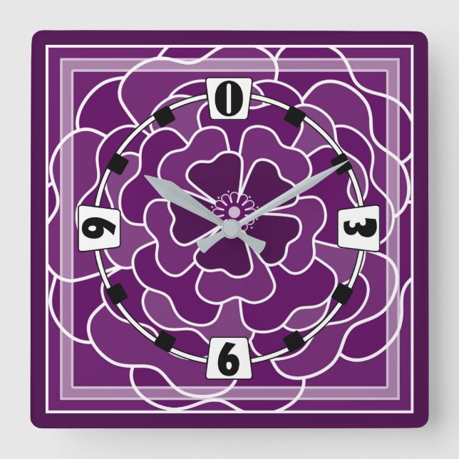 Reloj Cuadrado Patrón de flores abstractas púrpura oscuro (Anverso)