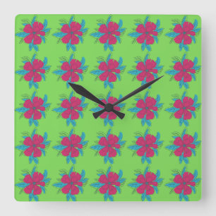 Reloj Cuadrado Patrón de flores coloridas sobre fondo verde