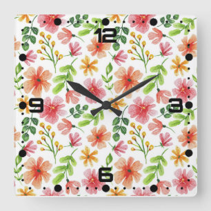 Reloj Cuadrado Patrón de flores rosadas en acuarela