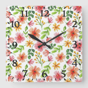 Reloj Cuadrado Patrón de flores rosadas en acuarela