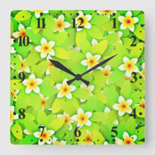 Reloj Cuadrado Patrón de flores verdes hojas flores amarillas-617