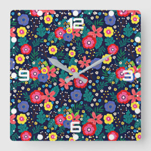 Reloj Cuadrado Patrón De Flores Y Hojas Decorativas-48675