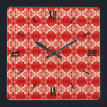 Reloj Cuadrado Patrón de fondo de pantalla Art Deco - rojo y blan<br><div class="desc">Papel pintado de estilo Art Déco vintage con motivos de baldosas - rojo intenso,  blanco y tonos de coral,  con un fondo rojo sólido</div>