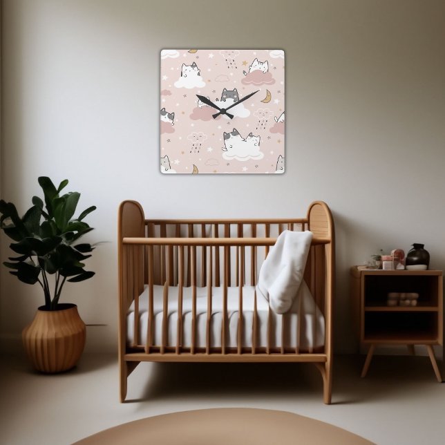 Reloj Cuadrado Patrón de gatito rosa claro y suave (Gentle Cute Pink Pattern Kitten Cloud Square Wall Clock)