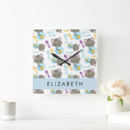 Reloj Cuadrado Patrón De Gatos, Gatos Cutos, Gatitos, Tu Nombre