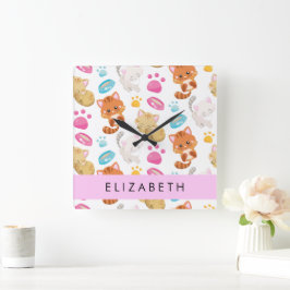 Reloj Cuadrado Patrón De Gatos, Gatos Cutos, Kitty, Paws, Tu Nomb