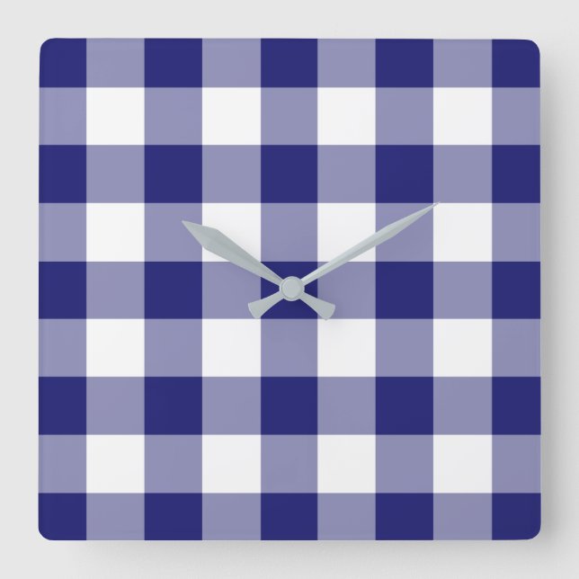 Reloj Cuadrado Patrón De Gingham De Mediana Noche Azul Y Blanco (Anverso)