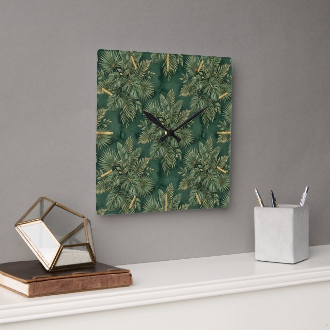 Reloj Cuadrado Patrón de hojas tropicales de oro verde de lujo (Oficina)