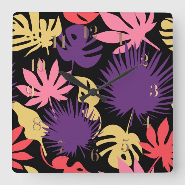 Reloj Cuadrado Patrón de hojas tropicales sin foco (Anverso)