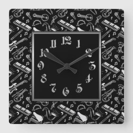 Reloj Cuadrado Patrón de instrumentos en blanco y negro