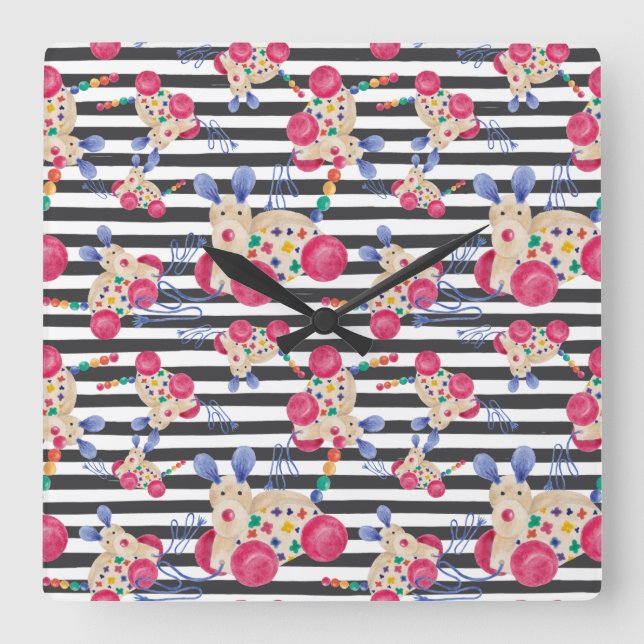 Reloj Cuadrado Patrón de juguete de arrastre de perro de madera (Anverso)