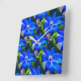 Reloj Cuadrado Patrón de las flores azules profundas