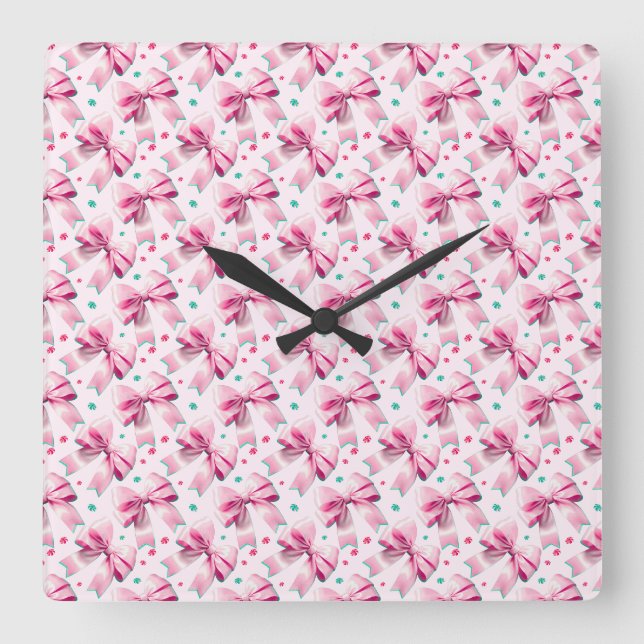 Reloj Cuadrado Patrón de lazo coquette rosa de moda con aspecto f (Anverso)