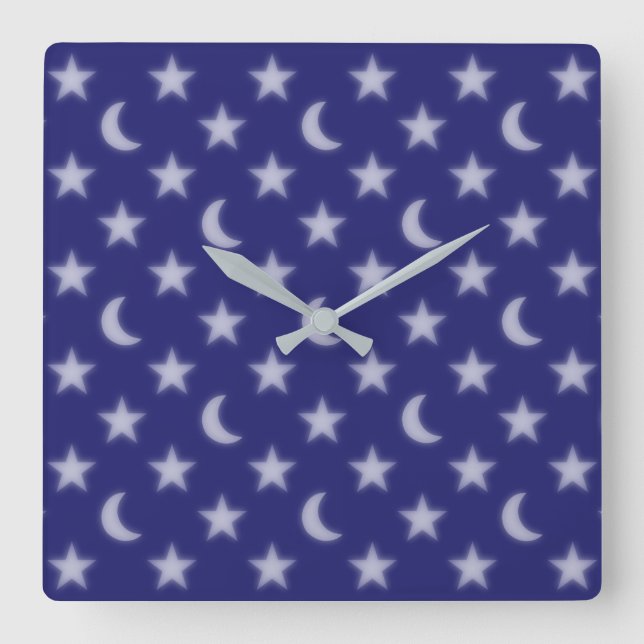 Reloj Cuadrado Patrón de lunas azules y estrellas (Anverso)
