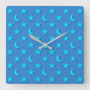 Reloj Cuadrado Patrón de lunas azules y estrellas
