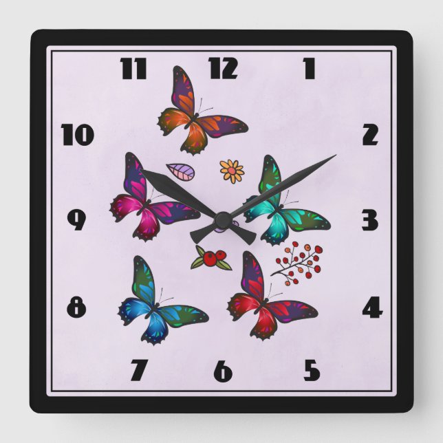 Reloj Cuadrado Patrón de mariposas de color moda en rosa pastel (Anverso)