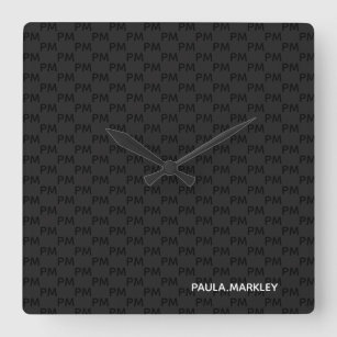 Reloj Cuadrado Patrón de monograma moderno gris negro simple