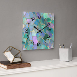 Reloj Cuadrado Patrón de mosaico de vidrio emplomado de colores p