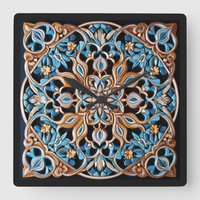 Reloj Cuadrado Patrón de mosaico floral Faux Ceramic (Anverso)