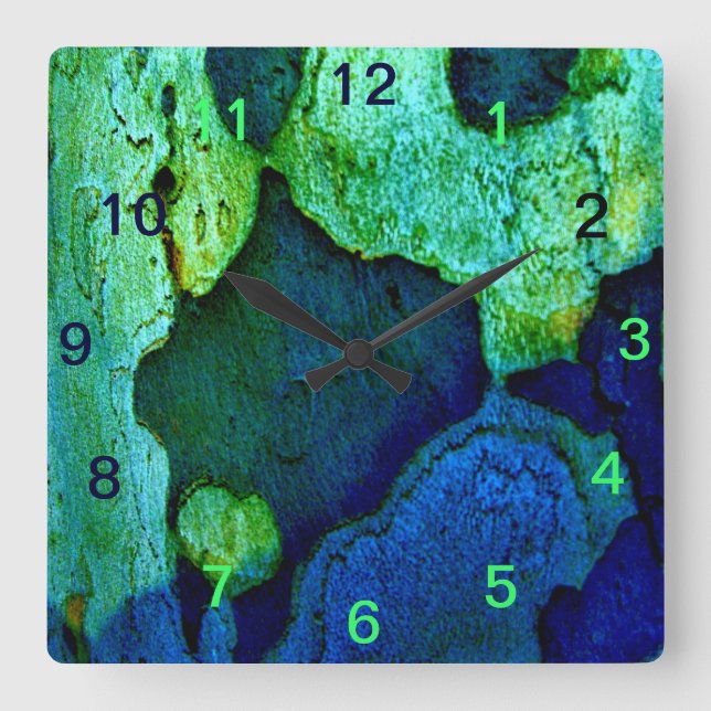 Reloj Cuadrado Patrón de naturaleza verde azul (Anverso)